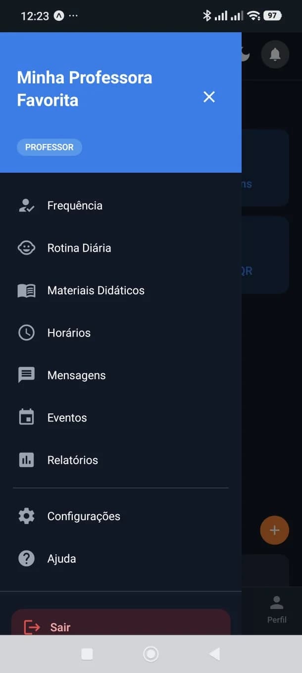 Menu lateral com funcionalidades